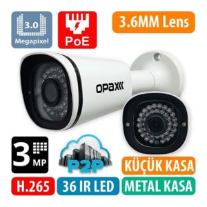 OPAX-2525P 3 MP H.265+ 2304x1296 3.6mm 36 IR P2P POE VE SESLİ IP Bullet Kamera