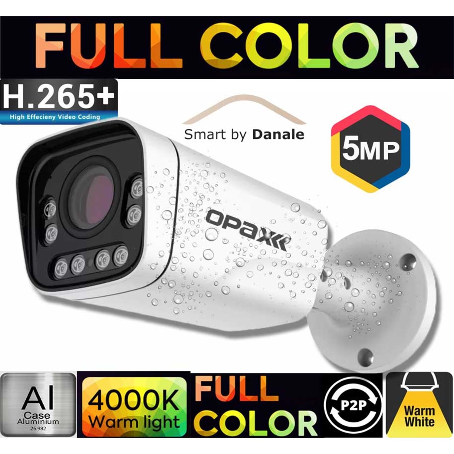 OPAX-5005 5 MP IP (2880X1620) H.265+ 8 WARM LIGHT FULL COLOR 3.6 MM METAL BULLET IP CAMERA